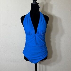 Cupshe Bright Blue Tie Halter One Piece Swimsuit with Tummy Control - L - NWT